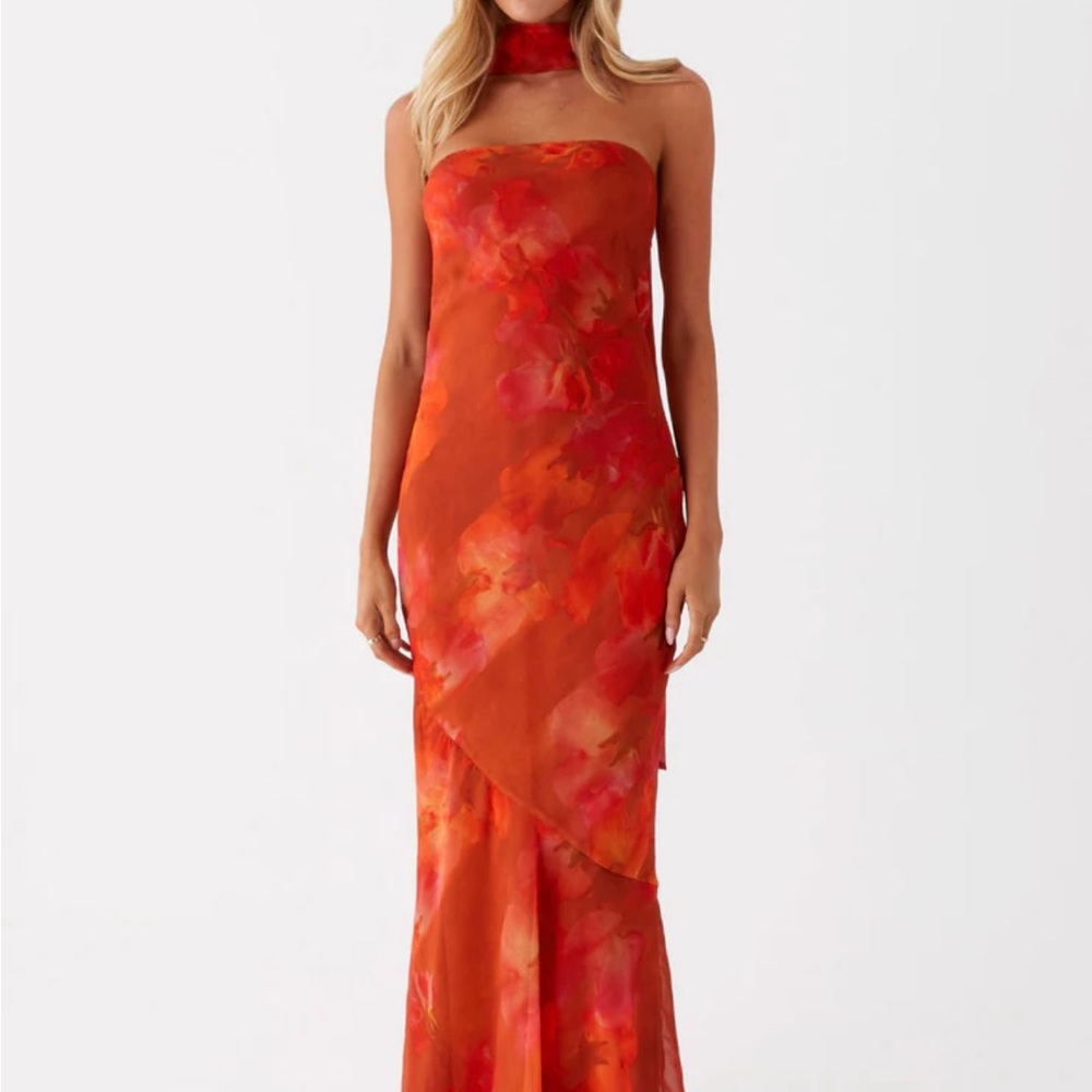 Peppermayo Orange Strapless Sheath Maxi Dress